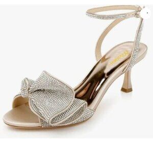 Milooey shoes Womens Glitter Rhinestone Bow Heeled Sandal Gold